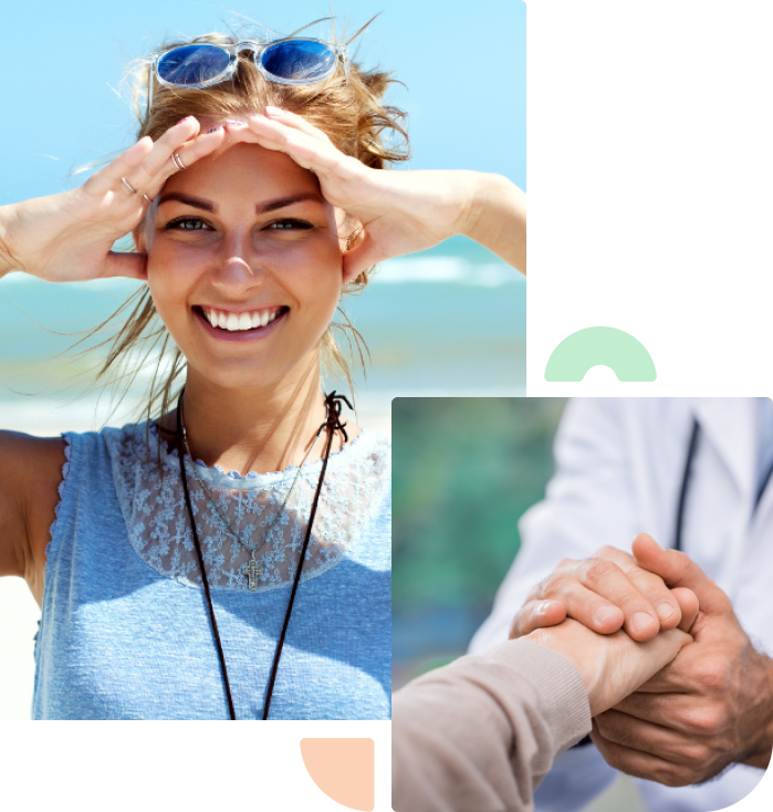 Girl is smiling and hiding her face from sunrays. Doctor is Holding the hand of a patient