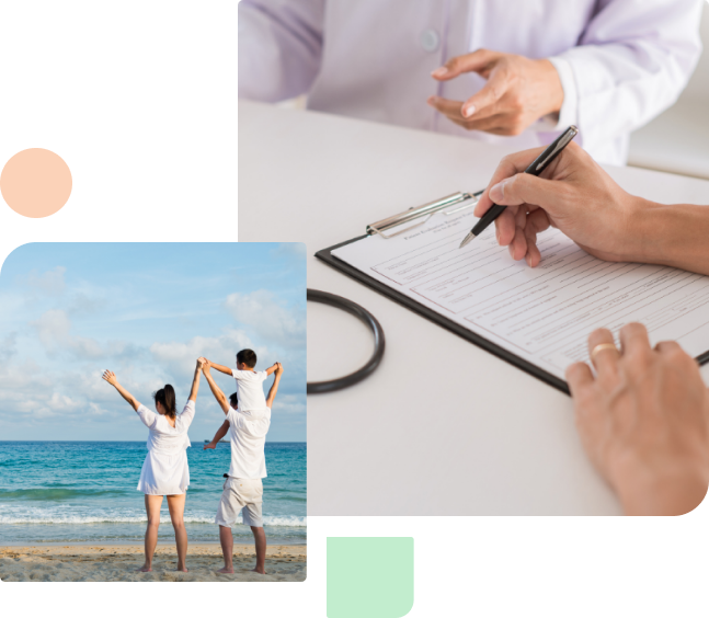 Doctor is writing on paper which is on a cardboard. A family is enjoying and watching sea waves